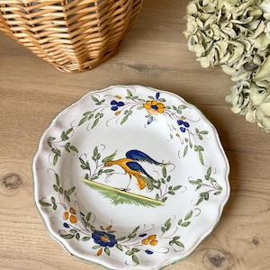 Vintage Hand-Painted French Faience Plate – Bird Floral Décor – Country Wall Art
