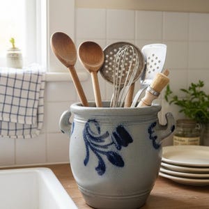 May include: A grey stoneware utensil pot with blue floral patterns contains wooden spoons, a whisk, and other kitchen tools. The pot is on a wooden worktop in a kitchen. The pot has two handles.
