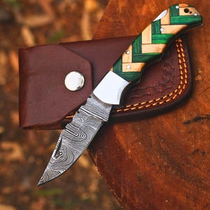 Handcrafted Damascus Folding Knife, Custom Olive & Green Pakkawood Pocket Knife with Leather Sheath, Backlock | Utility