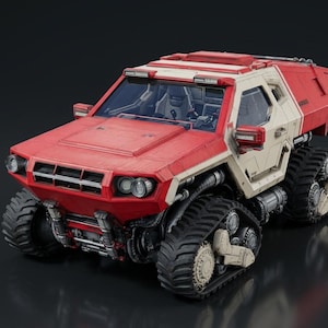 Peut inclure: Un véhicule tout-terrain rouge et blanc cassé avec des chenilles de char. Le véhicule a un design anguleux avec une calandre avant, des phares et un pare-brise. Le toit a une bande blanche et est conçu pour les environnements difficiles.