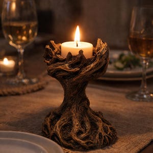 May include: A lit candle in a brown, tree-trunk-shaped candle holder. The candle holder has a detailed, textured design. The candle is white and the flame is bright. The setting is a dining table with wine glasses.