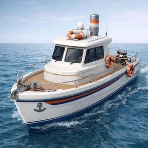 Könnte beinhalten: Ein weißes Motorboot mit Holzdeck, das einen blauen und orangefarbenen Streifen entlang des Rumpfes, ein graues Ankeremblem am Bug, eine Kabine mit dunklen Fenstern, einen silbernen Schornstein mit orangefarbenen Bändern und Rettungsringe aufweist.