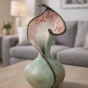 May include: A ceramic vase with a calla lily design. The vase has a light green body with a dark brown accent line. The lily's petal is white with red and brown accents and a dark brown rim. The vase is on a wooden table.