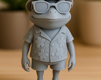 Figura de rana tropical con camisa hawaiana y ambiente vacacional (archivo STL)