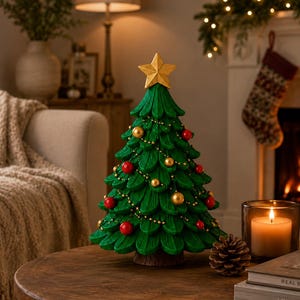 May include: A decorative tabletop Christmas tree featuring a green, layered, pine-needle texture. The tree is adorned with small gold and red spherical ornaments and a thin gold beaded garland, topped with a solid gold-coloured five-pointed star.