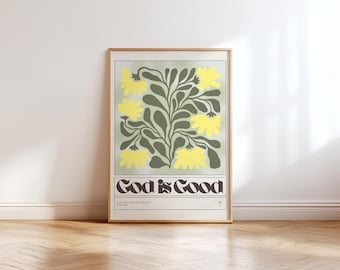 Póster Dios es bueno / Arte mural con versículo bíblico floral / Regalo cristiano