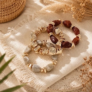 Boho Armband Set Damen – Braun Beige Perlen Gold | Stretch Bracelet Stack | Vintage Bohemian Jewelry | Geschenk für Sie