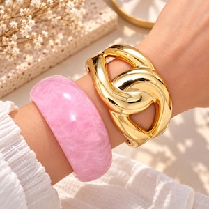 Set of 2 Rose Gold Bangle Bracelets – Wide Statement Acrylic Bracelets – Chunky Bangle Jewelry for Women