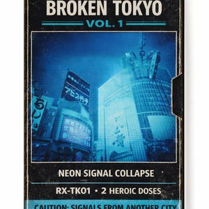 Op de afbeelding: Een VHS-band met een retro-ontwerp met de tekst "BROKEN TOKYO VOL. 1". De cover heeft een blauw getinte afbeelding van een stadsgezicht met Japanse tekst. Extra tekst bevat "THE GLITCH DISPENSARY", "NEON SIGNAL COLLAPSE" en "CAUTION: SIGNALS FROM ANOTHER CITY".