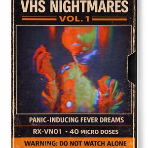 Op de afbeelding: Een vintage VHS-tapehoes met de titel "VHS NIGHTMARES VOL. 1" in vette witte letters. De hoes heeft een verweerde, verouderde uitstraling met de tekst "THE GLITCH DISPENSARY" bovenaan. De cover toont een vervormde, kleurrijke afbeelding.