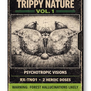Op de afbeelding: Een vintage VHS-cassette met de tekst "THE GLITCH DISPENSARY" en "TRIPPY NATURE VOL. 1." De hoes toont een surrealistische illustratie en de tekst "PSYCHOTROPIC VISIONS." Het bevat ook de tekst "RX-TNO1 • 2 HEROIC DOSES" en "WARNING: FOREST HALLUCINATIONS LIKELY."
