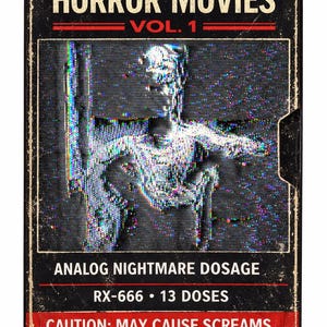 Op de afbeelding: Een vintage VHS-band voor "Horror Movies Vol. 1" van "The Glitch Dispensary". De hoes toont een glitch art afbeelding van een figuur en tekst, waaronder "Analog Nightmare Dosage" en "Caution: May Cause Screams". De band is gelabeld met "VHS" en "T-120".