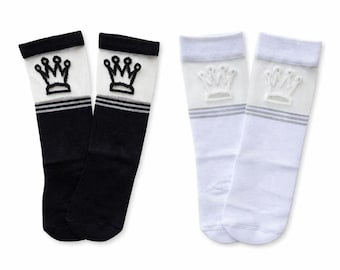 Crown white or black Cotton Knee-high for Girls. Breathable & Cozy Everyday Wear Socks