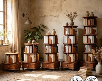 Estante giratória móvel com gaveta, estante de madeira com rotação de 360° para estudo.