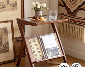 Retro Bambus Glas Beistelltisch, Rattan Beistelltisch mit Zeitungsständer für Wohnzimmer