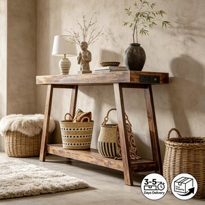 Wood Console Table with USB Charging Station, 2-Tier Long Entryway Table