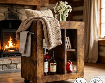 Rustieke opberger op wielen, houten barwagen voor boerderij, multifunctionele bijzettafel