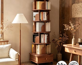 Estantería giratoria de madera estilo retro con cajón y ruedas, librería giratoria de 5 niveles.