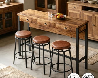 Bar Table Set with Charging Station, 3-Drawer Dining Table & PU Stools