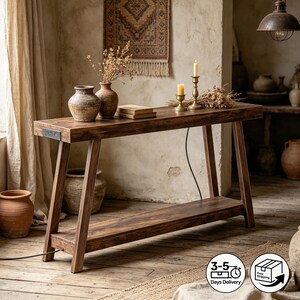 Rustic Wood Console Table with Charging Station, 53.9" Long Entryway Table