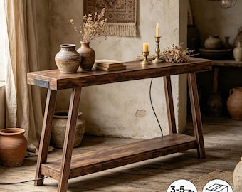 Mesa consola rústica de madera con estación de carga, mesa de entrada de 137 cm de largo.