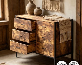 Rustic Brown 6 Drawer Dresser, Industrial Wood & Steel Frame Clothes Storage Chest