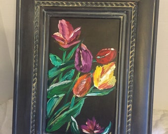 Tulip painting on wood cabinet