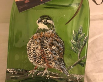 Hand Painted Pheasant Green Glass Wine Bottle Cheese Tray/Platter