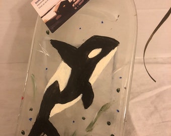 Hand Painted Orca Clear Glass Wine Bottle Cheese Tray/Platter