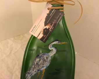 Hand Painted Blue Heron Green Glass Wine Bottle Cheese Tray/Platter