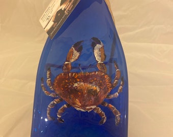 Hand Painted Crab Blue Glass Wine Bottle Cheese Tray/Platter