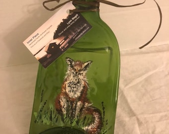 Hand Painted Fox Brown Glass Wine Bottle Cheese Tray/Platter