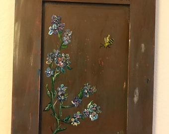 Floral and Bees on distessed wood cabinet