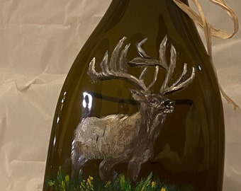 Hand Painted Elk Brown Glass Wine Bottle Cheese Tray/Platter