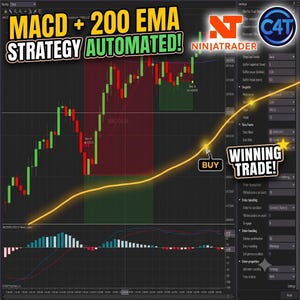 Può includere: Un'interfaccia di grafico di trading digitale che mostra una strategia MACD e 200 EMA. Lo schermo presenta una linea di tendenza gialla, candele rosse e verdi, un segnale di acquisto e il testo MACD + 200 EMA STRATEGY AUTOMATED!