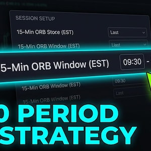 May include: A digital interface displaying a Session Setup menu with a highlighted 15-Min ORB Window set to 09:30 to 09:45 EST. A bright green arrow points to the time settings, and the text 1000 PERIOD MA STRATEGY appears in large cyan letters.