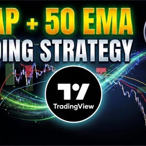 May include: A digital graphic featuring the text VWAP + 50 EMA TRADING STRATEGY in yellow and white. The background displays a financial candlestick chart with blue, red, and green lines, TradingView logo, and C4T circular icon with buy and short labels.