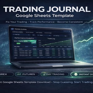 Puede incluir: Un portátil que muestra una plantilla de diario de trading con el texto "TRADING JOURNAL" y "Google Sheets Template". La pantalla muestra análisis de rendimiento y un registro de operaciones. La imagen incluye las palabras "FOREX", "FUTURES", "DAY TRADING" e "INSTANT DOWNLOAD".