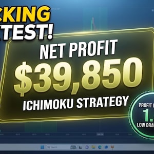 Può includere: Una sovrapposizione grafica digitale su uno schermo di grafico di trading con il testo SHOCKING BACKTEST! NET PROFIT $39,850 ICHIMOKU STRATEGY. Un badge circolare mostra PROFIT FACTOR 1.4 LOW DRAWDOWN, con un logo C4T nell'angolo in alto a destra.