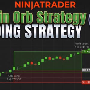 May include: A digital graphic for Ninjatrader featuring the text 15 Min Orb Strategy Trading Strategy and C4T logo. It displays a candlestick chart with green and red bars, an ORB Long entry point, a profit target of $1,350.00, and a stop loss of -$900.00.