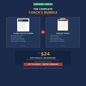 Könnte beinhalten: Eine marineblaue Grafik mit der Aufschrift "THE COMPLETE COACH'S BUNDLE". Sie enthält einen 12-Wochen-Trainingsplaner und ein Game-Day-Toolkit. Für Jugend-Baseballtrainer.