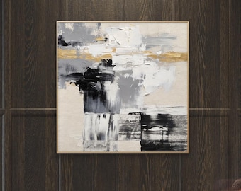 Large Abstract Painting on Canvas, Texture Wall Art, Modern Neutral Impasto Painting, Black and Gold Leaf Art,Custom Palette Knife Painting