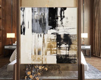 Large abstract textured painting, modern minimalist, neutral beige and white impasto canvas painting, for living room and bedroom walls