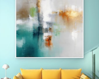 Blue Gold Canvas Wall Art Neutral Textured Painting Canvas Painting Abstract Paintings Oversized Painting Housewarming Wall Art