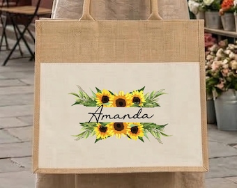 Custom Jute Tote Bag Personalized Sunflower Name Gift for Her Floral