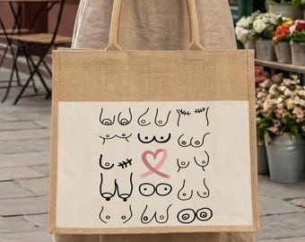 Custom Breast Cancer Awareness Jute Tote, Support Canvas Gift, Velcro Bag