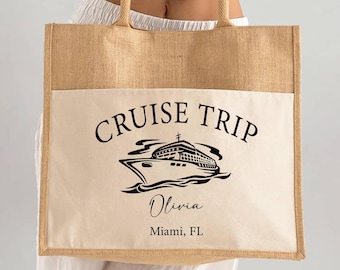 Cruise Trip Gift, Custom Printed Jute Tote, Miami Vacation Bag, Canvas Tote