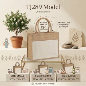May include: A natural-colored jute tote bag, TJ289 Model, featuring a white front pocket and two handles with a 19-inch total length and 9.5-inch loop height. The image displays three sizes: small 9"W x 11"H x 4"D, medium 12"W x 12"H x 7.75"D, and large 15.5"W x 13.75"H x 6"D.