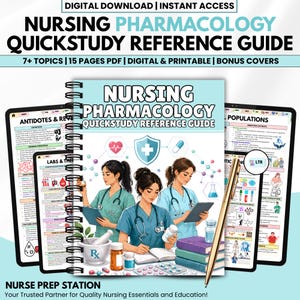 May include: A spiral-bound "Nursing Pharmacology Quickstudy Reference Guide" with illustrations of nurses, medical supplies, and tablets. The guide is surrounded by digital tablets and a gold pen. Text includes "Digital Download" and "Nurse Prep Station."