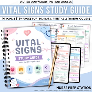 Può includere: Una guida allo studio digitale dei segni vitali di oltre 15 pagine, con una copertina a spirale e icone mediche come cuore, polmoni e termometro. Il testo recita Vital Signs Study Guide, Understand.Recognize.Act e Nurse Prep Station. Una penna dorata poggia sulle pagine.